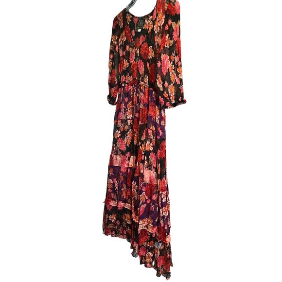 JOHNNY WAS JADE SILK V-NECK MAXI FIT & FLARE WAIST DRESS, WOMENS-XL-BLACK/FLORAL - Picture 5 of 12